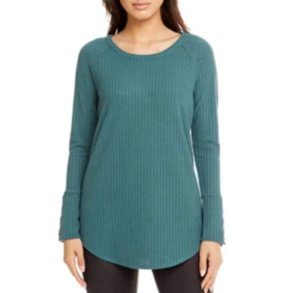 Chaser thermal top long sleeve waffle knit sweater button cuffs teal green L